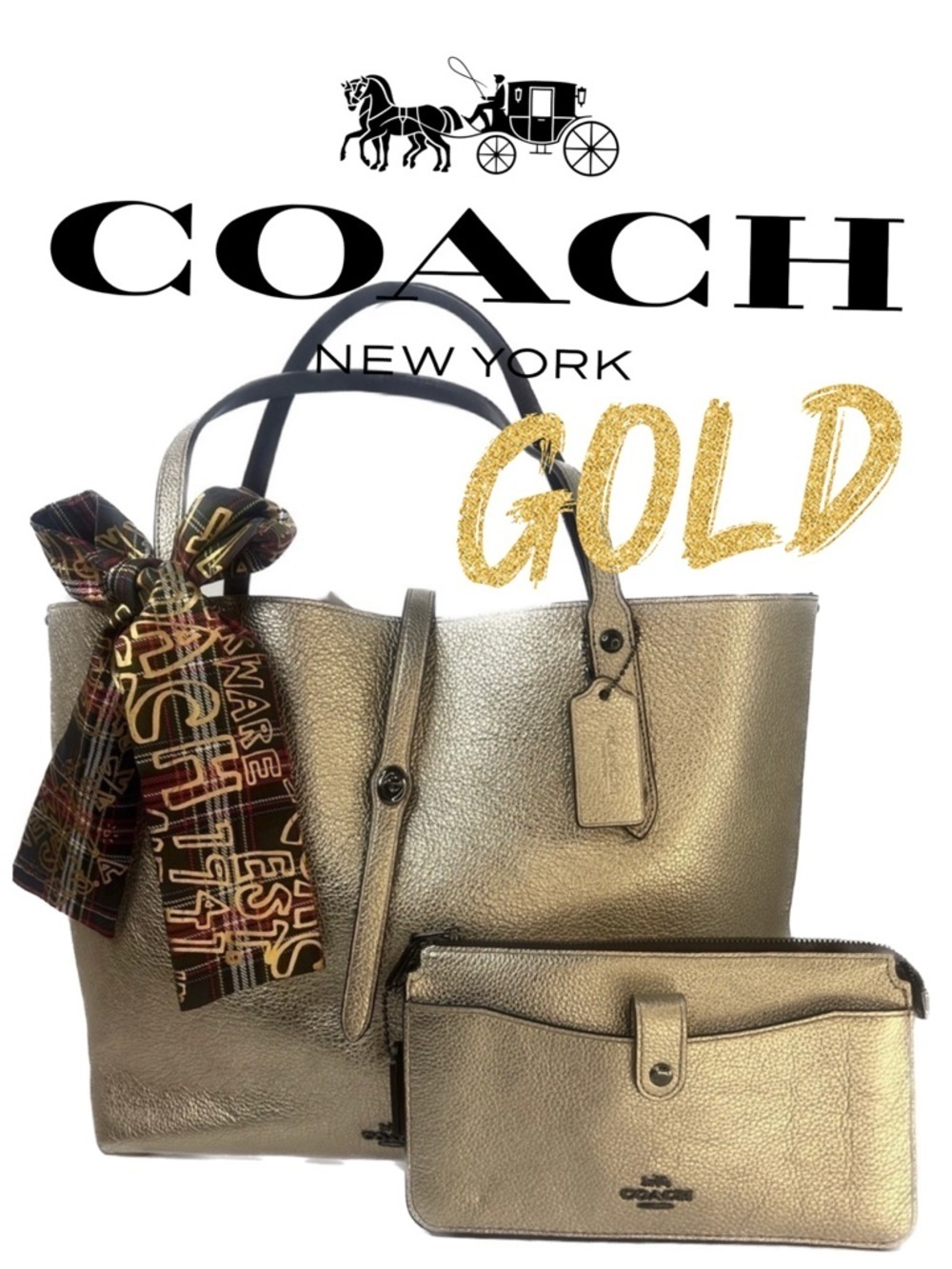 Coach Gold Metallic Market Tote F76776 & Wallet 22882 Clutch Set